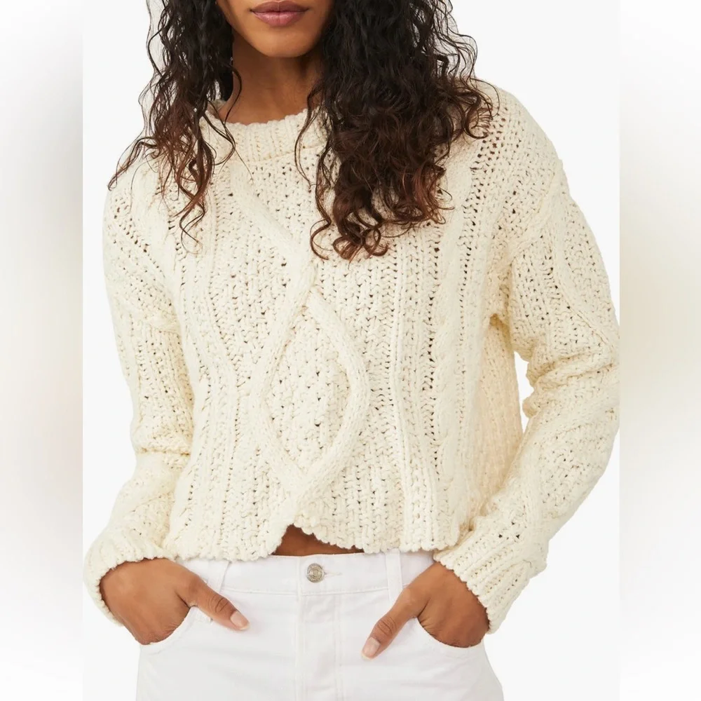 Free People Cutting Edge Cable Pullover in Ivory Size Small - Picture 5 of 16